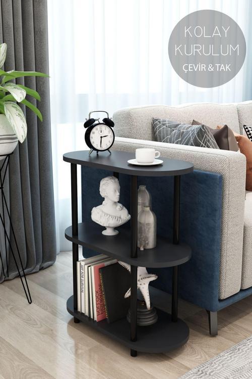 3 Raflı Oval Tasarım Çevir Tak Yan Sehpa Kitaplık Dekoratif Özel Tasarım
