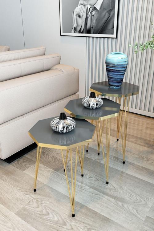 3'Lü Zigon Sehpa Gold Serisi Sekizgen Model Zigon Sehpa Metal Tel Ayak
