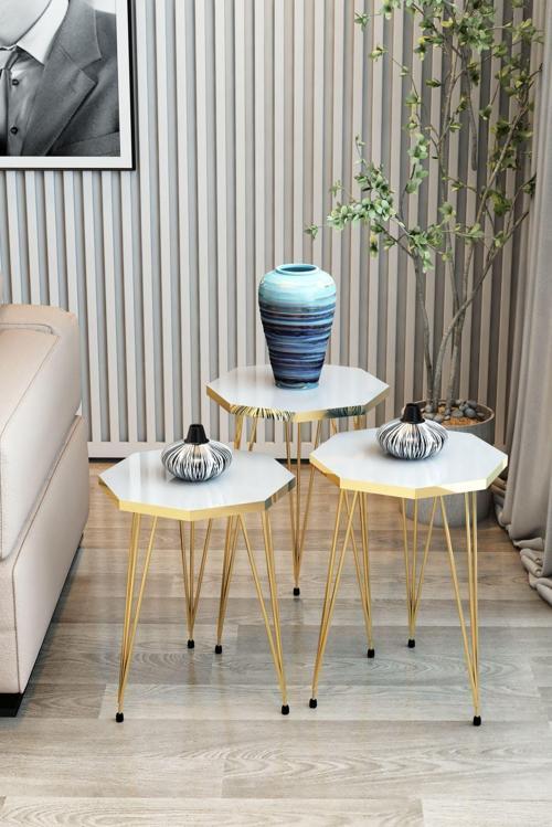 3'Lü Zigon Sehpa Gold Serisi Sekizgen Model Zigon Sehpa Metal Tel Ayak
