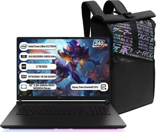 Rog Strix Scar 18 G835LW-SA129 Intel Core Ultra 9 275HX NPU 13 TOPS 64GB 2TB SSD RTX5080-16GB Freedos 18" 2.5K 240Hz WQXGA Taşınabilir Bilgisayar