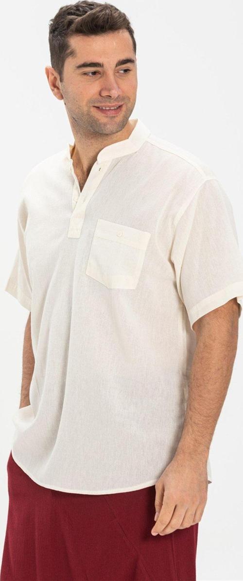 Büyük Beden Şile Bezi Kısa Kol Tek Cepli Hakim Yaka Erkek Yazlık Tshirt Krem 3002