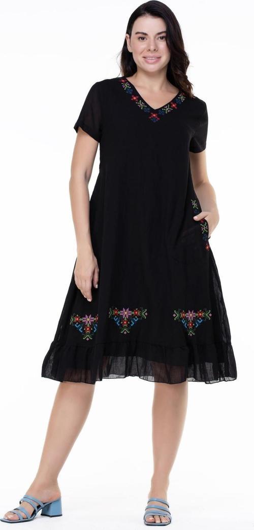 Kısa Kol Şile Bezi Mehtap Nakış Detaylı Midi Boy Yazlık Otantik Elbise Siyah Syh