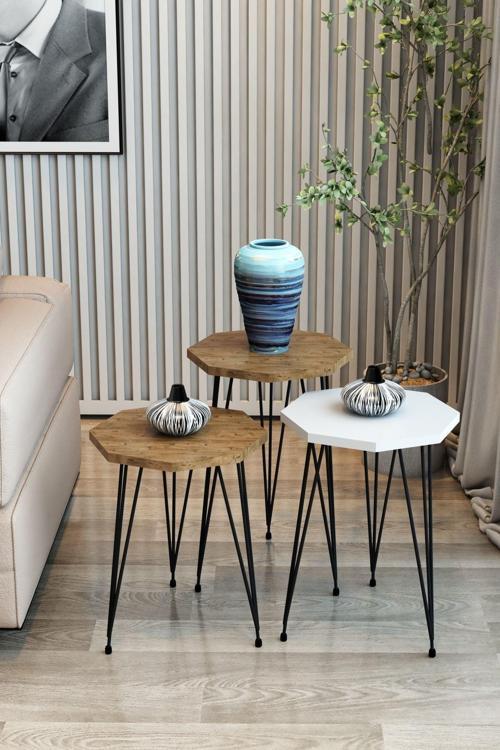 3'Lü Zigon Sehpa Sekizgen Model Zigon Sehpa Metal Tel Ayak
