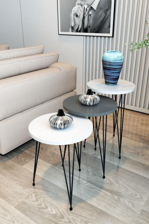 3'Lü Zigon Sehpa Yuvarlak Model Zigon Sehpa Metal Tel Ayak Orta Sehpa