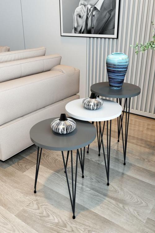 3'Lü Zigon Sehpa Yuvarlak Model Zigon Sehpa Metal Tel Ayak