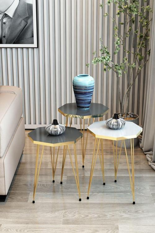 3'Lü Zigon Sehpa Gold Serisi Sekizgen Model Zigon Sehpa Metal Tel Ayak