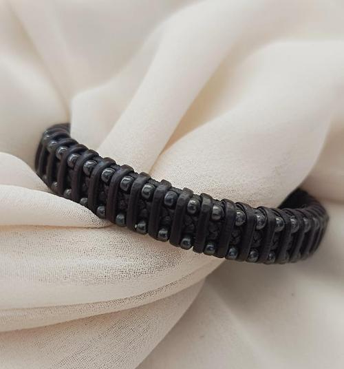 Bileklik Hakiki Deri Örgü Unisex (20.3 cm) Boncuklu Bilezik  