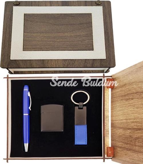 Özel Ahşap Kutulu Lacivert Kalem Anahtarlık Ve Çakmak Set