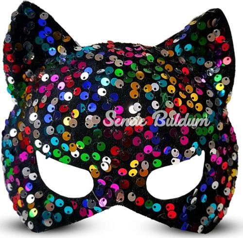 Siyah Kadife Kumaş Üzerine Rengarenk Payetli Pullu Parti Maskesi 16x14 Cm