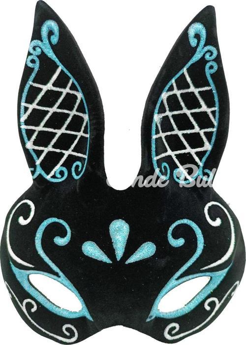 Siyah Renk Mavi Beyaz Simli Siyah Süet Kaplama Tavşan Maskesi 18x16 Cm