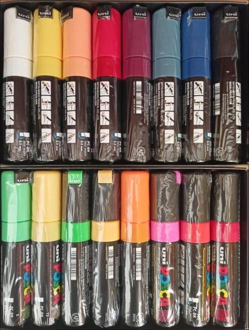 UNİ POSCA POSTER MARKÖRÜ 16ADETLİ SET PC-8K ANA RENKLER VE FLORASAN RENKLER