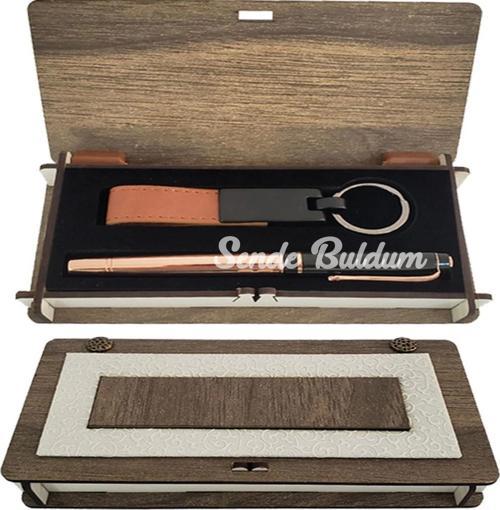 Ahşap Kutulu Bakır Kalem Anahtarlık Set