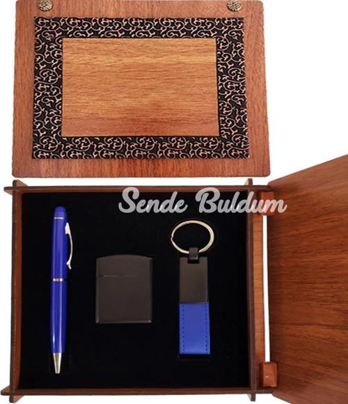 Ahşap Kutulu Mavi Kalem Anahtarlık Ve Çakmak Set