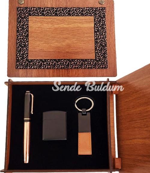 Ahşap Kutulu Bakır Roller Kalem Taba Renk Anahtarlık Ve Çakmak Set