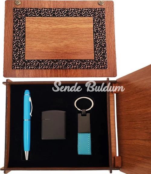 Ahşap Kutulu Çakmak Ve Mavi Kalem Anahtarlık Set