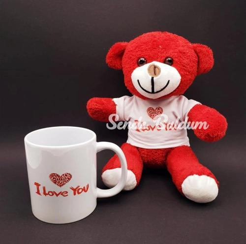 I Love You Baskılı Kupa Ve Kırmızı Ayıcık Seti