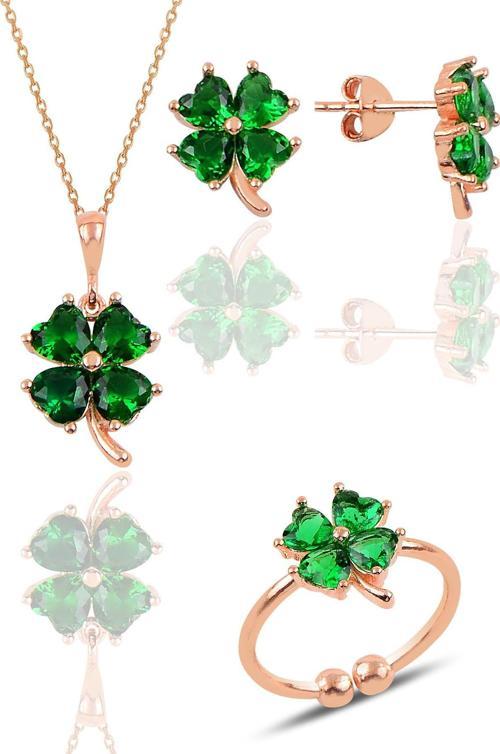 Gümüş rose kök zümrüt taşlı yonca kolye küpe ve yüzük üçlü set