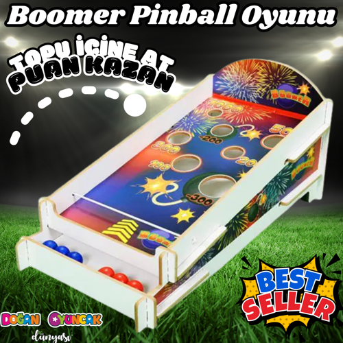 Ahşap Boomer Lastikli İp Oyunu - Pinball Oyunu - Deliğe Top Atma Oyunu - Pinbal Ahşap Oyuncak - Boom