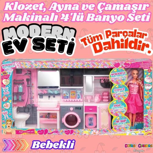 Bebekli Oyuncak Dörtlü Modern Banyo Seti - Modern Banyo Seti - Banyo Oyuncak Seti - Klozet, Tuvalet,