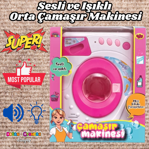Orta Pilli Neşeli Çamaşır Makinesi - Pilli Oyuncak Çamaşır Makinesi - Çamaşır Makinesi Oyuncak - Işı