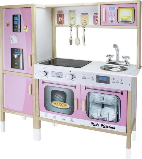 Ultralüx Işıklı Hamarat Ahşap Mutfak - Ahşap Çocuk Mutfağı - Mutfak Seti - Kapaklı Mutfak - Pembe