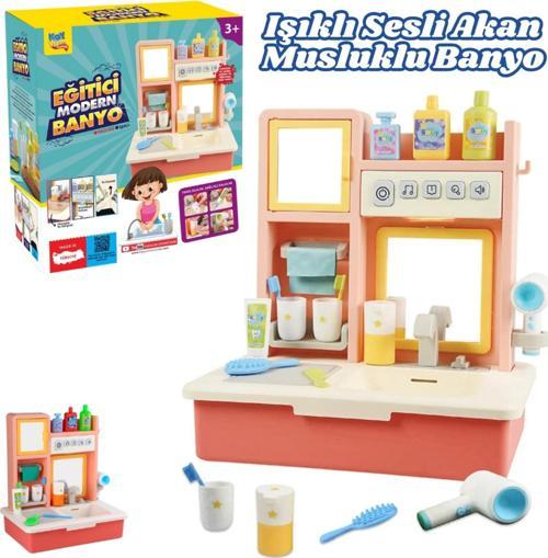 Su Akıtan Modern Banyo Seti - Çeşmeli Işıklı ve Sesli Lavabo - Banyo Seti - Su Akan Musluk - Pembe