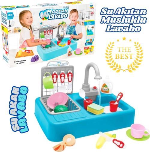 Su Akıtan Modern Mutfak Seti - Çeşmeli Işıklı ve Sesli Lavabo - Mutfak Seti - Su Akan Musluk - Mavi