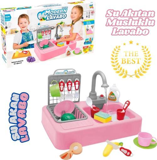 Su Akıtan Modern Mutfak Seti - Çeşmeli Işıklı ve Sesli Lavabo - Mutfak Seti - Su Akan Musluk - Pembe