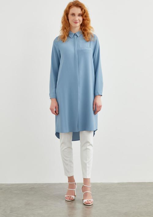 Gizli Düğme Detaylı Mavi Tunik T-0767