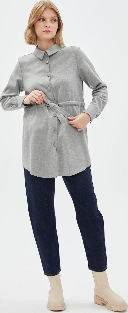 Düğmeli Bel Bağlamalı Gri Tunik T-1508