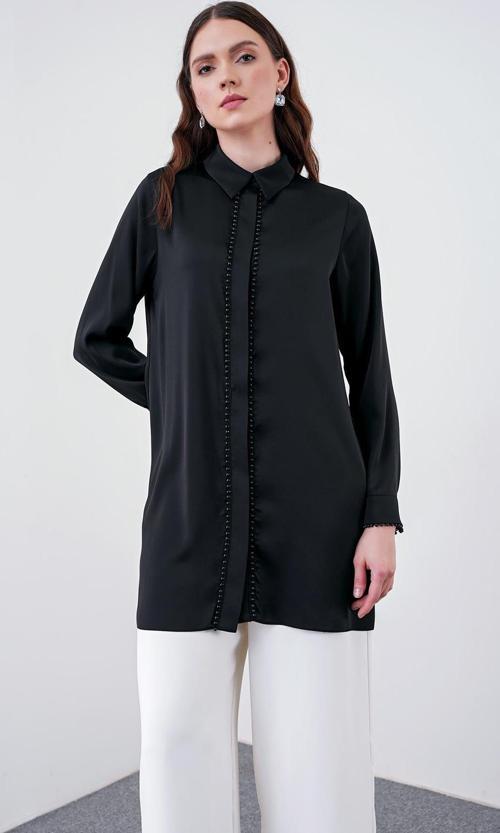 Boncuk İşlemeli Gömlek Yaka Siyah Tunik T-1484