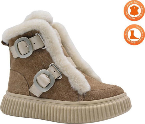 Lana Kürk Detaylı Deri Kız Çocuk Bot Kum Rengi