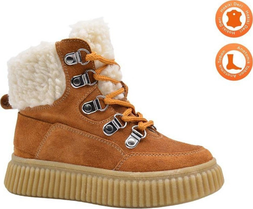 Carmen Peluş Kürk Yaka Detaylı Bağcıklı Ve Fermuarlı Deri Kız Çocuk Bot Tarçın