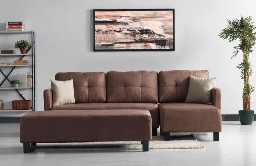 Puzzle Kılıflı Süngerli Nubuk Kumaş Kahve Plastik Ayak Köşe Koltuk Takımı Puf 140x230 cm