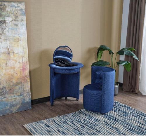 Elisa Makyaj Masalı Aynalı Organizerli Sarı Yumuşak Kumaşlı Kırlentli Puf - Bench / Makyaj Masası 64x64 cm