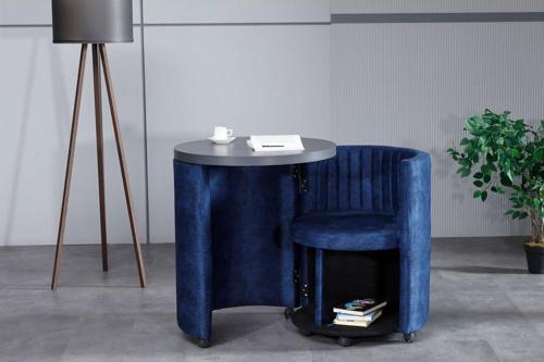 Marvel Tezgahlı Depolama Alanlı Tekerlekli Nubuk Kumaş Puf - Bench Çalışma Masası 66x66 cm