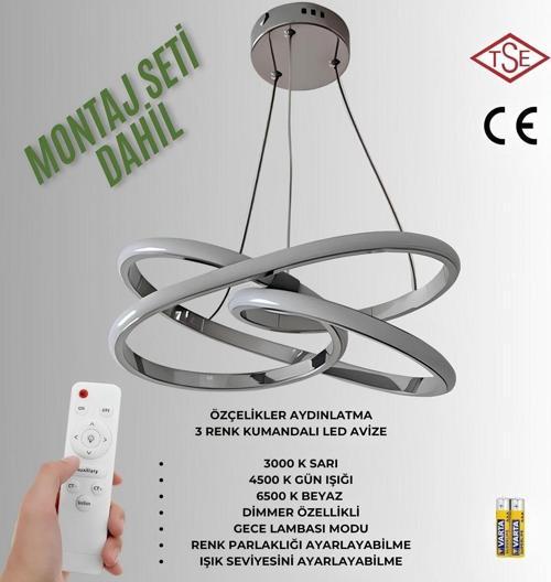 Kumandalı 3 Renk Işıklı Lüks Led Avize Krom Gövde Yüksek Lümen Salon Oda Yatak Odası Mutfak  Antre
