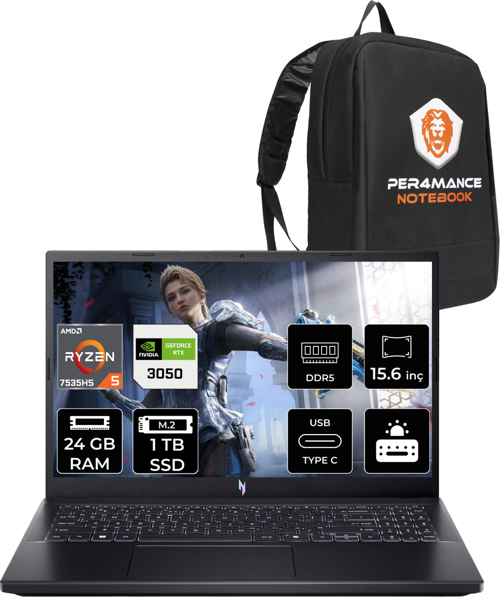 Nitro V15 R5 7535HS 24GB 1TB SSD RTX3050/6GB 15.6'' 144Hz FHD FDOS Gaming Laptop & PER4 ÇANTA