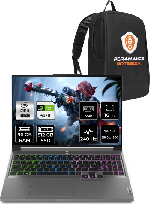 Legion 5 i9 14900HX 96GB 512GB SSD RTX4070/8GB 140W 240Hz WQXGA 16" FDOS Gaming & PER4 ÇANTA