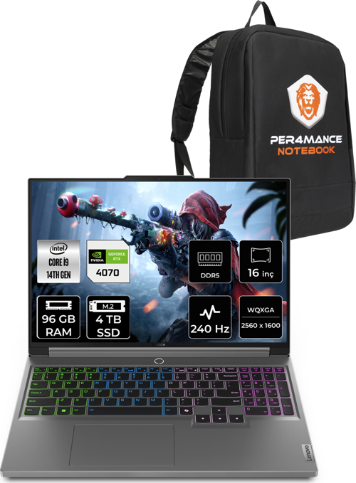 Legion 5 i9 14900HX 96GB 4TB SSD RTX4070/8GB 140W 240Hz WQXGA 16" FDOS Gaming & PER4 ÇANTA