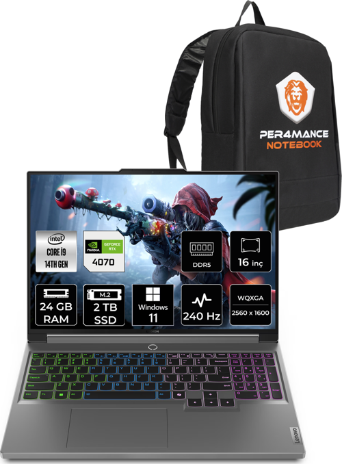 Legion 5 i9 14900HX 24GB 2TB SSD RTX4070/8GB 140W 240Hz WQXGA 16" W11H Gaming & PER4 ÇANTA