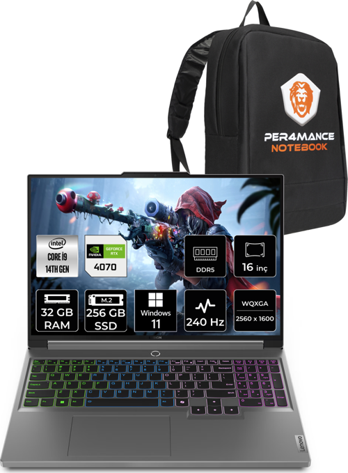 Legion 5 i9 14900HX 32GB 256GB SSD RTX4070/8GB 140W 240Hz WQXGA 16" W11P Gaming & PER4 ÇANTA