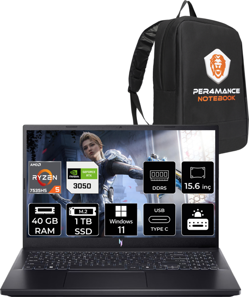 Nitro V15 R5 7535HS 40GB 1TB SSD RTX3050/6GB 15.6'' 144Hz FHD W11P Gaming Laptop & PER4 ÇANTA