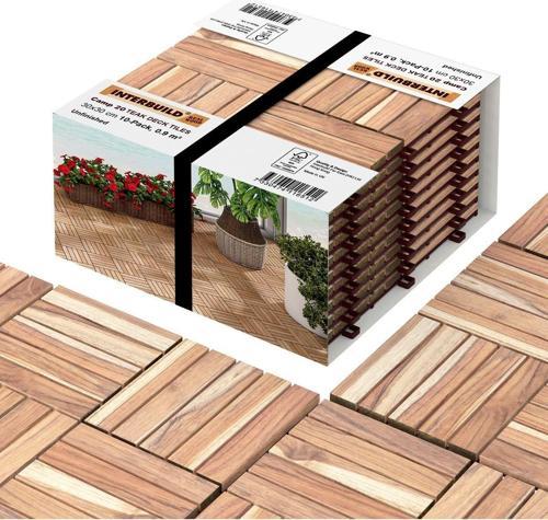 Interbuild "Gerçek Tik" Ahşap Karo Deck Yüzeyi Işlenmemiş 30×30 Cm (10'Lu Paket) - 20 Çıtalı