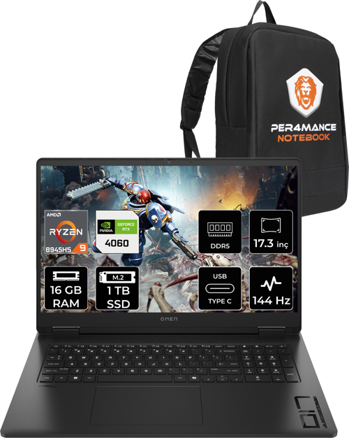 OMEN 17 R9 8945HS 16GB RAM 1TB SSD RTX4060/8GB 144Hz 17.3'' FHD FDOS Gaming Laptop & PER4 ÇANTA