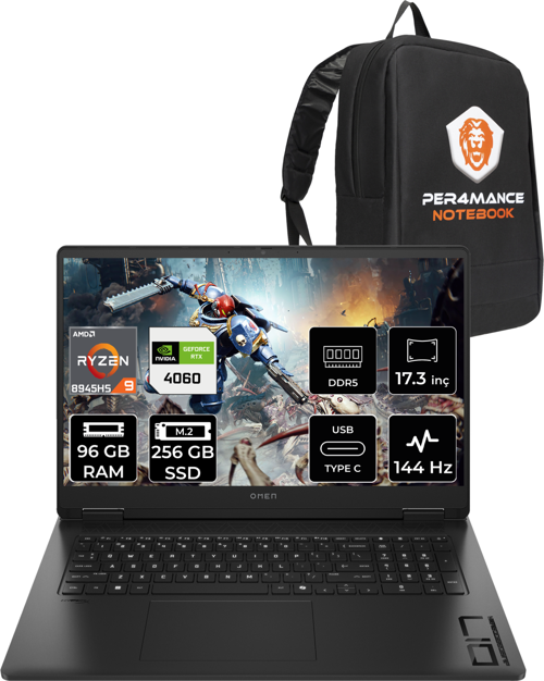 OMEN 17 R9 8945HS 96GB RAM 256GB SSD RTX4060/8GB 144Hz 17.3'' FHD FDOS Gaming Laptop & PER4 ÇANTA
