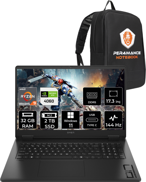 OMEN 17 R9 8945HS 32GB RAM 2TB SSD RTX4060/8GB 144Hz 17.3'' FHD W11H Gaming Laptop & PER4 ÇANTA