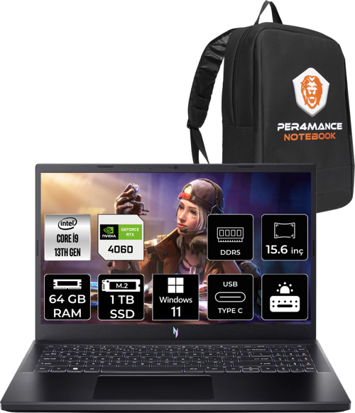 Nitro V15 i9 13900H 64GB 1TB SSD RTX4060/8GB 15.6'' 165Hz FHD W11P Gaming Laptop & PER4 ÇANTA