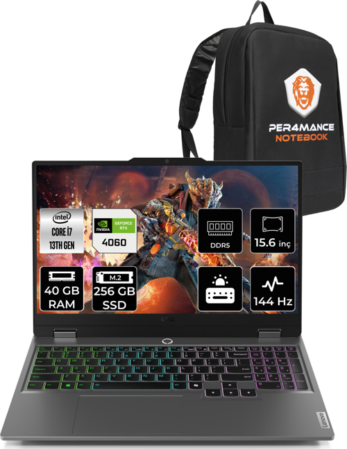 LOQ i7 13650HX 40GB 256GB SSD RTX4060/8GB 115W 144Hz 15.6" FDOS Gaming Laptop & PER4 ÇANTA