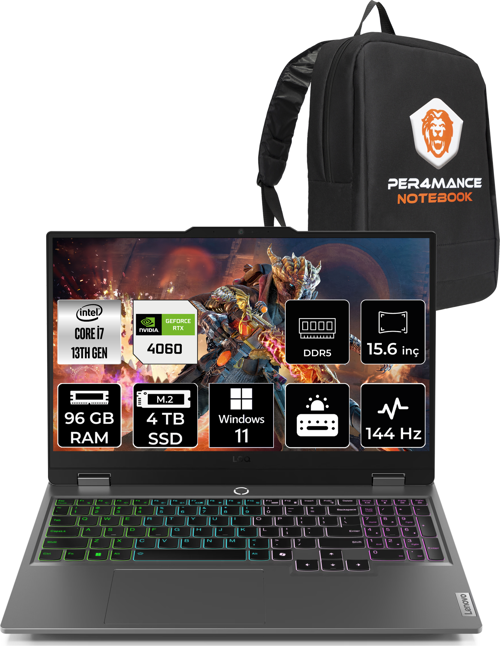 LOQ i7 13650HX 96GB 4TB SSD RTX4060/8GB 115W 144Hz 15.6" W11H Gaming Laptop & PER4 ÇANTA